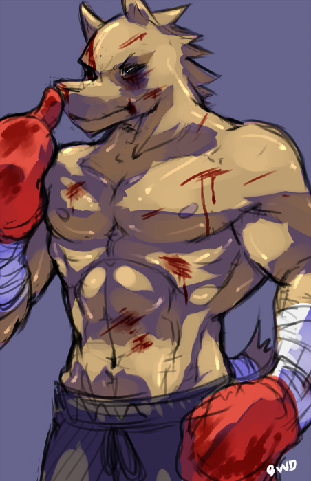 anthro bandage biceps black_eye blood blue_eyes boulevard boxer boxing brown_fur bruise canine clothing dog fur gloves grin male mammal muscles nipples pecs pose shorts smile solo standing tan_fur toned topless wounded