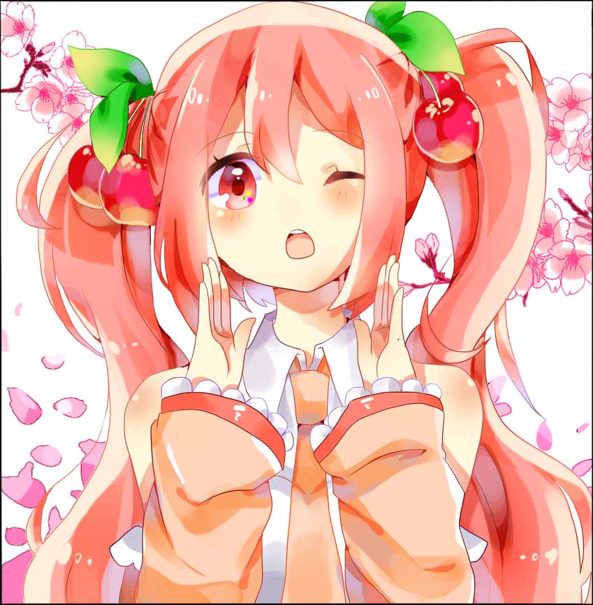 bad_id bad_pixiv_id cherry detached_sleeves food fruit hatsune_miku long_hair necktie one_eye_closed open_mouth petals red_eyes red_hair sakura_miku solo twintails vocaloid