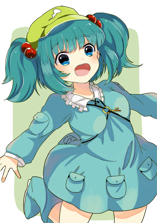 backpack bag blue_eyes blue_hair boots breasts dress hair_bobbles hair_ornament hat kawashiro_nitori key long_sleeves medium_breasts open_mouth short_hair smile solo toi_(toiot) touhou two_side_up