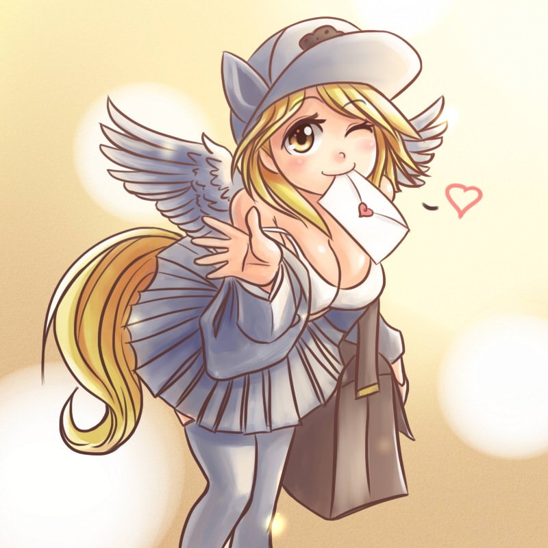 &lt;3 bag blonde_hair blush bra breasts cleavage clothed clothing derpy_hooves_(mlp) eared_humanization equine female friendship_is_magic hair hat human humanization humanized mammal my_little_pony pegasus ponilove skirt solo tailed_humanization underwear winged_humanization wings yellow_eyes