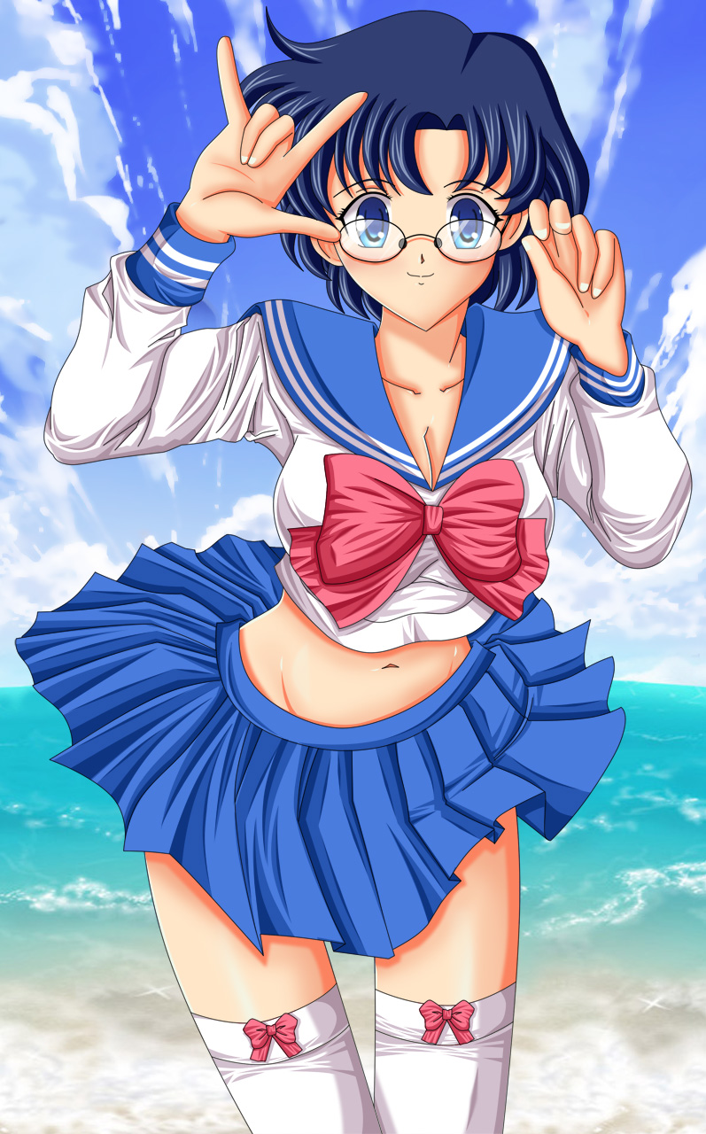 bespectacled bishoujo_senshi_sailor_moon blue_eyes blue_hair blue_sailor_collar bow breasts cleavage cloud day glasses groin highres juuban_middle_school_uniform large_breasts looking_at_viewer midriff mizuno_ami navel sailor_collar school_uniform seraphina short_hair sign_language sky smile solo thighhighs water zettai_ryouiki