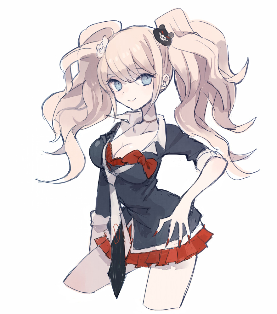 bow breasts cleavage danganronpa danganronpa_1 enoshima_junko hair_ornament hairclip large_breasts necktie skirt sleeves_rolled_up smile solo soto spoilers twintails