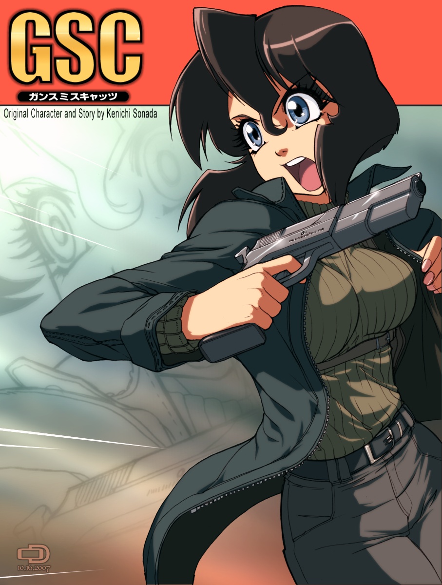 blue_eyes bob_cut breasts brown_hair coat gun gunsmith_cats handgun highres holster large_breasts nail_polish omar_dogan open_clothes open_coat open_mouth pink_nails pistol rally_vincent ribbed_sweater short_hair shoulder_holster solo sweater unzipped weapon zoom_layer