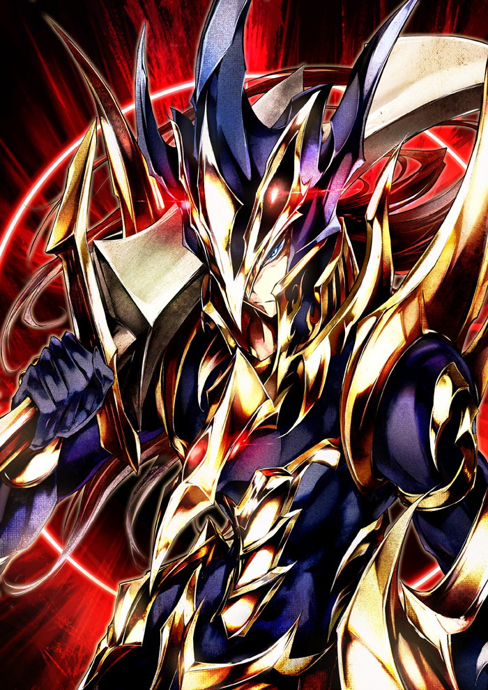 armor black_luster_soldier black_luster_soldier_envoy_of_the_beginning blue_eyes duel_monster kanaria_(fuusenkazura) long_hair looking_at_viewer male_focus red_eyes red_hair solo sword weapon yuu-gi-ou