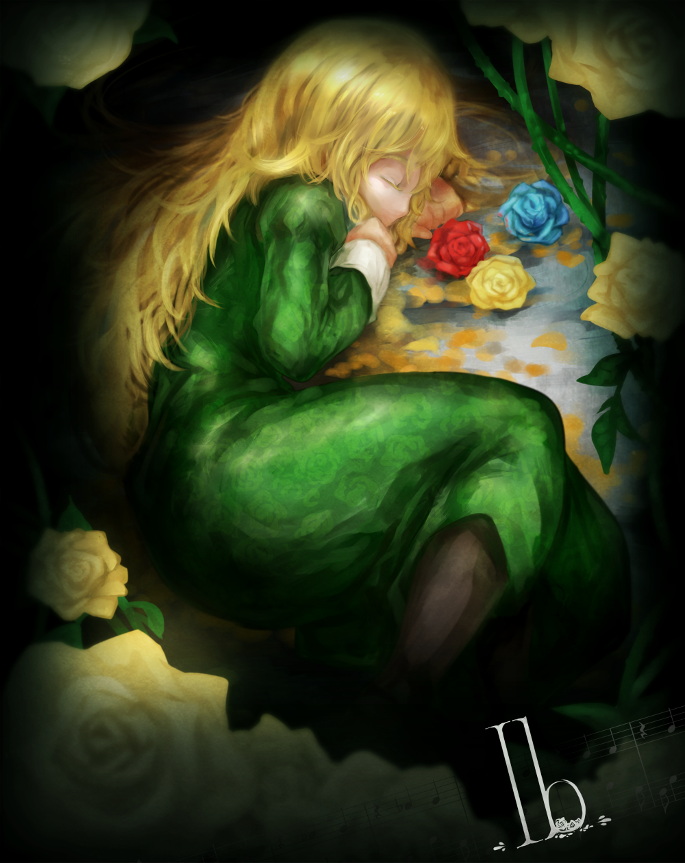 blonde_hair blue_flower blue_rose closed_eyes copyright_name dress flower highres ib long_hair mary_(ib) mimit musical_note petals red_flower red_rose rose sleeping solo yellow_flower yellow_rose