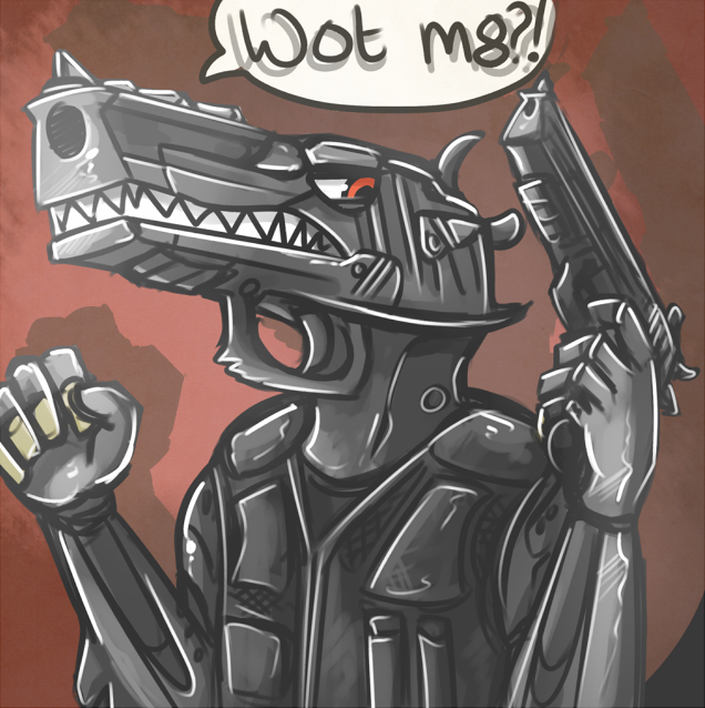 anthro desert_eagle dialog gun monopolymurder plain_background ranged_weapon red_background red_eyes teeth text weapon what_has_science_done