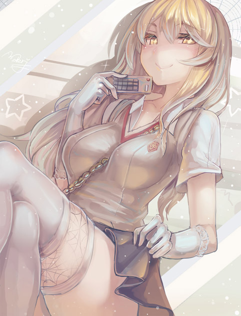 1girl between_breasts blonde_hair blush breasts chain controller crossed_legs dutch_angle elbow_gloves gloves large_breasts long_hair looking_at_viewer naughty_face remote_control school_uniform shokuhou_misaki sitting skirt skirt_lift smile solo spider_web_print strap_cleavage sweater_vest symbol-shaped_pupils taut_clothes thighhighs to_aru_kagaku_no_railgun to_aru_majutsu_no_index walzrj white_gloves white_legwear yellow_eyes