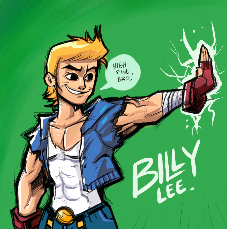 abs belt_buckle billy_lee blonde_hair buckle character_name double_dragon grin high_five jacket justin_m._durden male_focus muscle pectorals smile solo tank_top vest