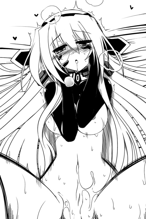 :o after_sex android areolae blush breasts cum cum_on_body cum_on_lower_body greyscale headset heart hisame_genta horizon_ariadust kyoukaisenjou_no_horizon large_breasts long_hair lying md5_mismatch monochrome nude on_back saliva short_hair solo tears trembling