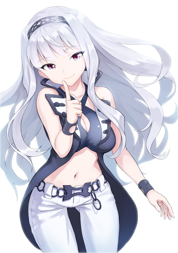 bare_shoulders breasts cleavage cleavage_cutout hairband idolmaster idolmaster_(classic) large_breasts long_hair looking_at_viewer maiden_in_black_(idolmaster) midriff mofu navel pants purple_eyes shijou_takane silver_hair simple_background smile solo wristband