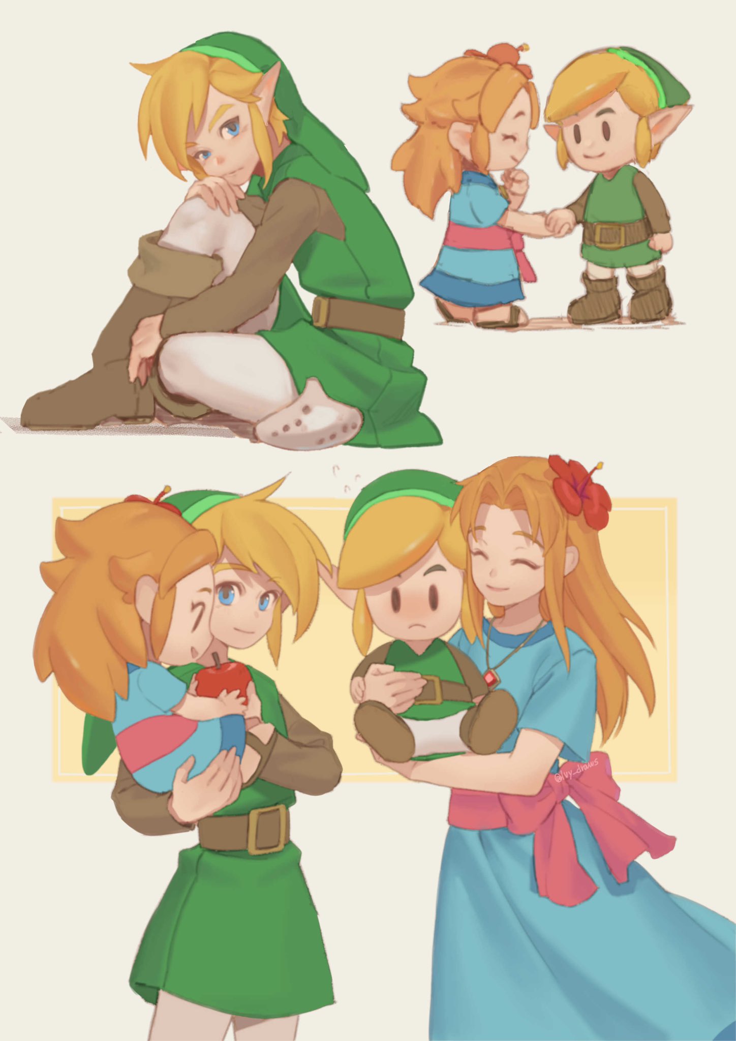 1boy 1girl belt blonde_hair blush boots brown_belt brown_footwear character_request copyright_request cowboy_shot dress flower food frown fruit green_dress green_headwear green_tunic grey_pants hair_flower hair_ornament highres holding holding_food holding_fruit holding_hands instrument ivy_(sena0119) jewelry knee_boots link long_hair looking_at_another marin_(zelda) necklace ocarina pants parted_bangs red_flower short_sleeves sitting smile the_legend_of_zelda the_legend_of_zelda:_link's_awakening toon_link