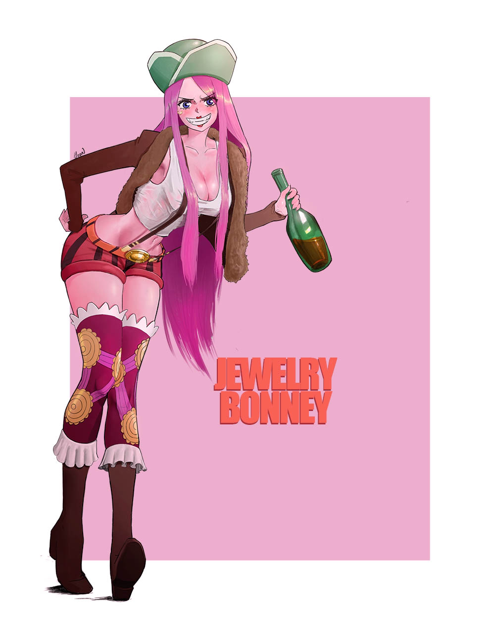 1girl anti-eyebrow_piercing blush bottle character_name clenched_teeth commentary english_commentary full_body green_headwear hand_on_own_hip hat highres holding holding_bottle hoooon0725 jewelry_bonney lips lipstick long_hair looking_at_viewer makeup one_piece pink_hair signature smile solo teeth very_long_hair