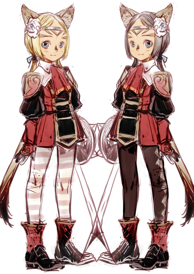 animal_ears bad_id bad_pixiv_id blonde_hair boots branch_(blackrabbits) brown_hair circlet final_fantasy final_fantasy_xi mithra multiple_girls pantyhose red_mage shield short_hair smile striped striped_legwear sword tail thighhighs weapon