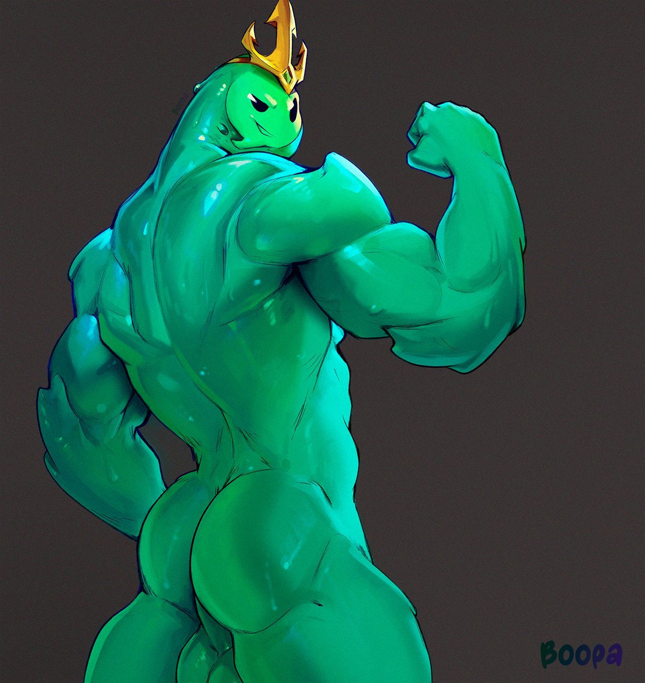 b0opalabu balls butt crown_only epic_games flexing fortnite genitals goo_creature goo_humanoid hi_res humanoid looking_at_viewer male poseidon_(fortnite) rippley_(fortnite) smile smirk solo solo_focus teal_body