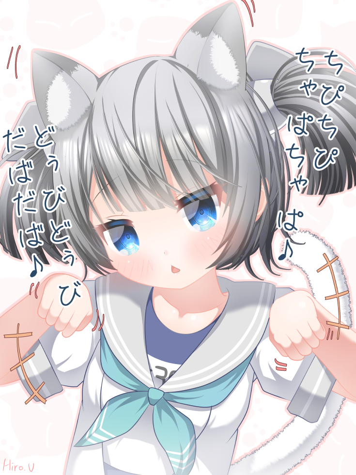 animal_ears aqua_neckerchief blue_eyes blue_one-piece_swimsuit cat_ears chipi_chipi_chapa_chapa_(meme) grey_hair grey_sailor_collar i-36_(kancolle) kantai_collection meme name_tag neckerchief one-piece_swimsuit paw_pose sailor_collar sailor_shirt school_swimsuit shirt short_hair simple_background swimsuit swimsuit_under_clothes twintails upper_body uraguchi_hiiro white_background