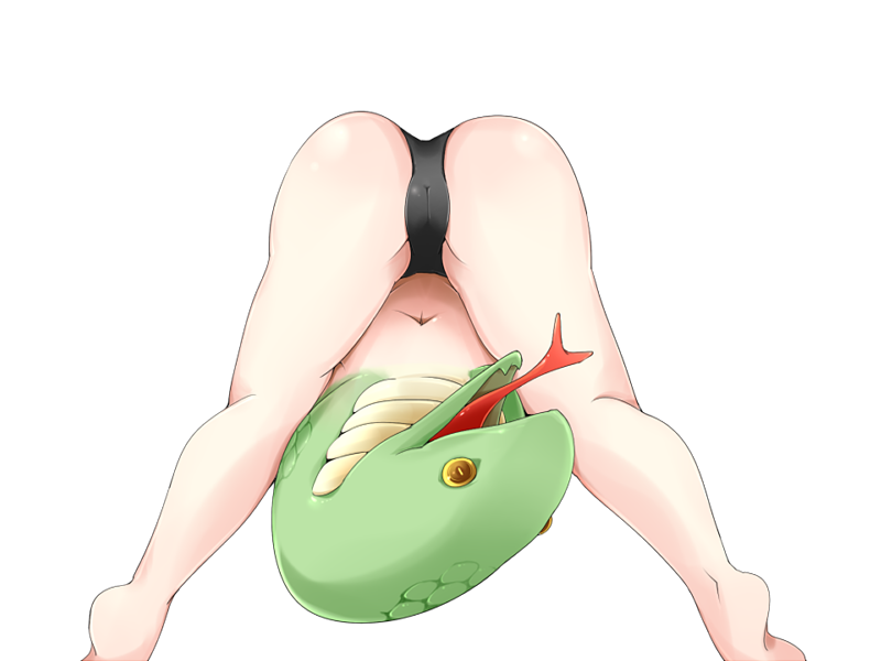 1girl amira_(mon-musu_quest!) ass barefoot black_panties bmp-to-png_conversion colored_skin feet_out_of_frame flexible frfr game_cg green_skin lamia long_tongue mon-musu_quest! monster_girl navel non-web_source open_mouth panties reverse_lamia simple_background snake_head solid_eyes solo standing tongue topless transparent_background underwear underwear_only upside-down yellow_eyes