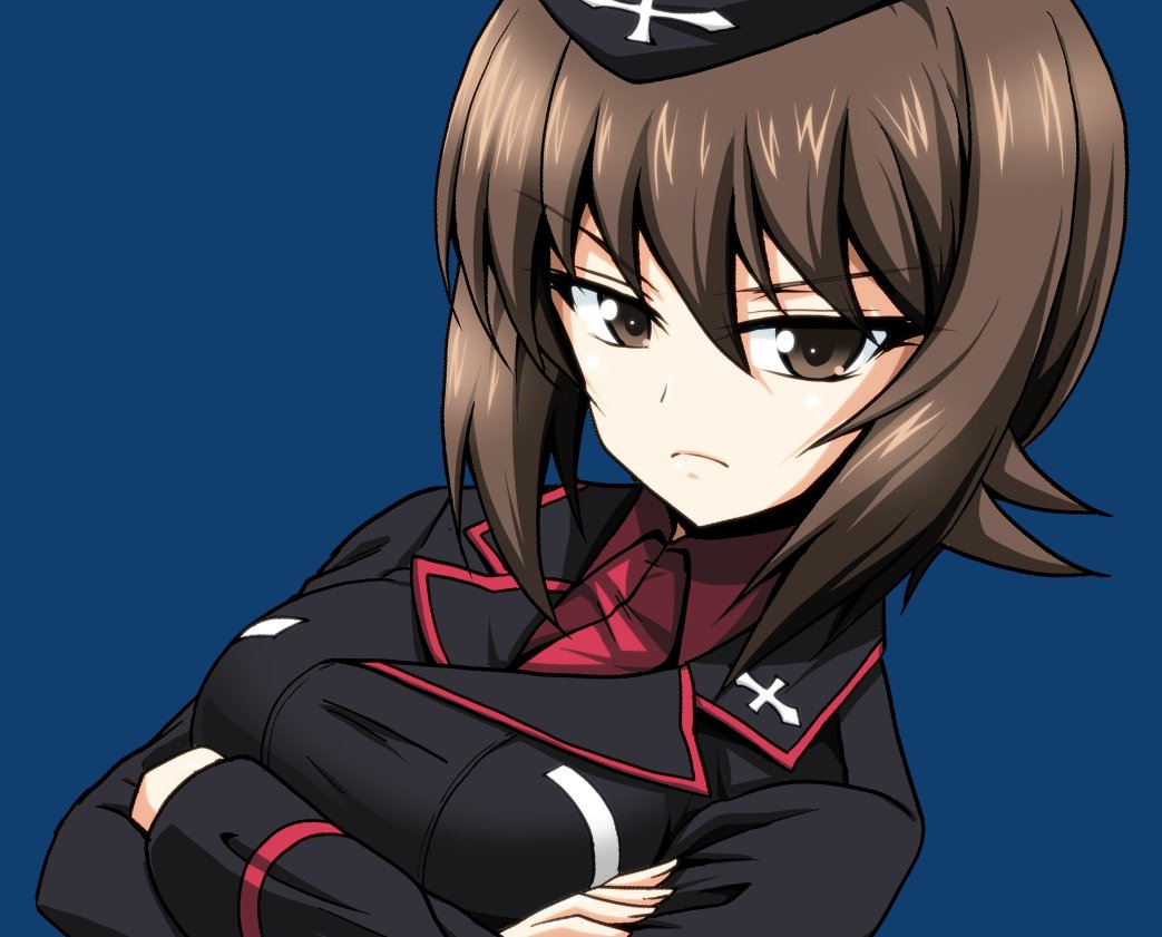 blue_background brown_eyes brown_hair colored_skin cross crossed_arms girls_und_panzer kamishima_kanon kuromorimine_military_uniform looking_at_viewer nishizumi_maho red_shirt serious shirt short_hair white_skin