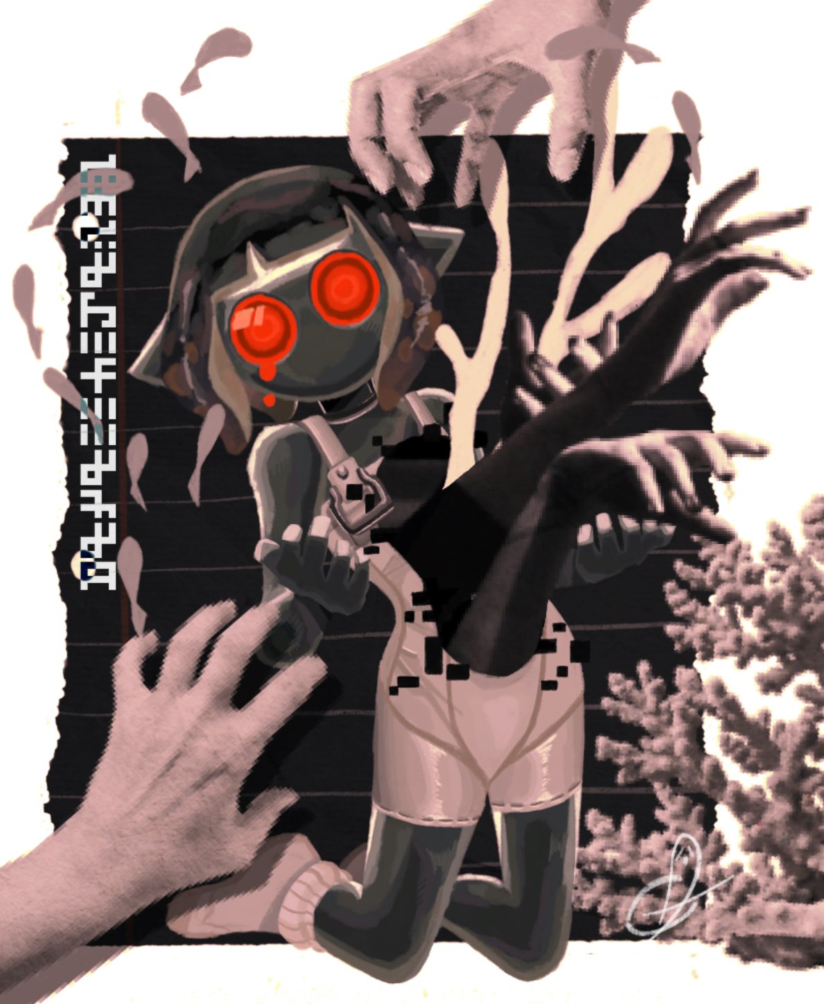 1girl 2others black_background black_hair bodysuit border colored_skin commentary coral ghosticley glitch grey_skin highres jelleton kneeling mask multiple_others outside_border parallel_canon red_eyes school_of_fish signature splatoon_(series) splatoon_3 splatoon_3:_side_order tears white_bodysuit white_border