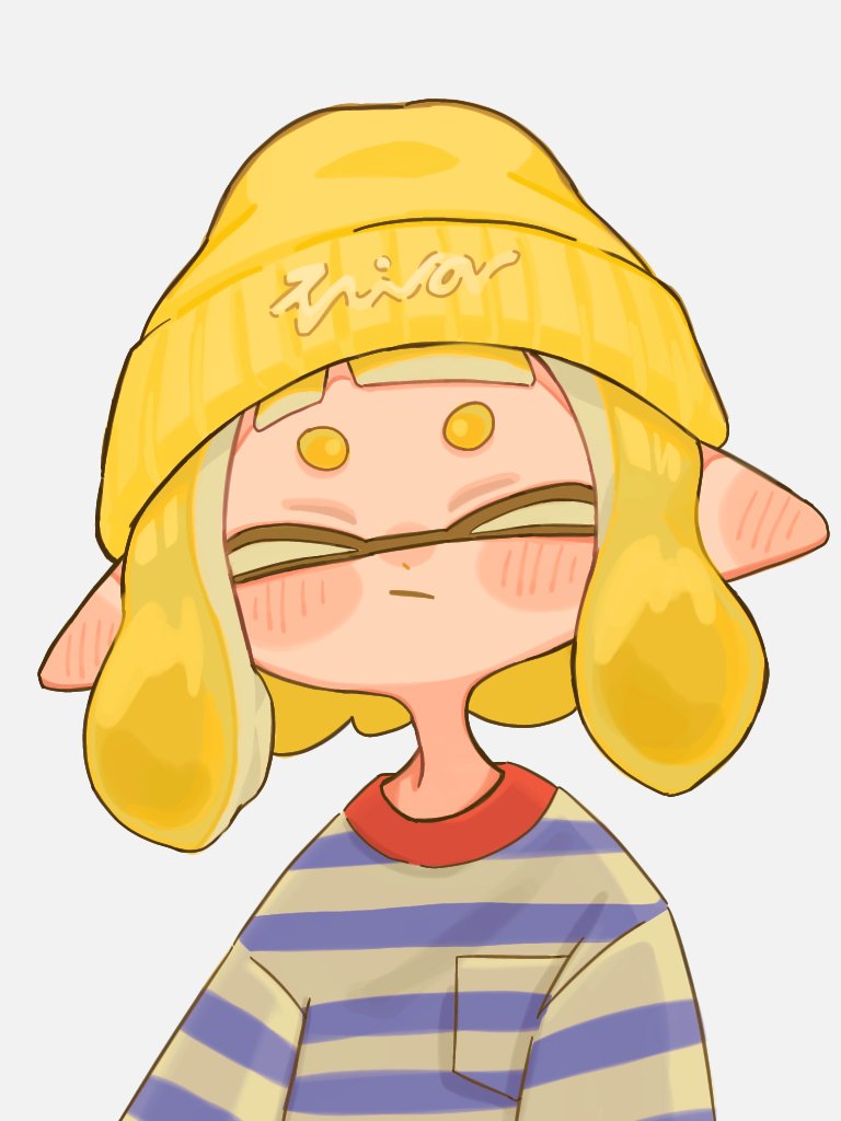 1girl 2007_nasu beanie blonde_hair blue_shirt breast_pocket closed_eyes closed_mouth commentary hat inkling inkling_girl inkling_player_character medium_hair pocket pointy_ears shirt simple_background solo splatoon_(series) splatoon_3 striped_clothes striped_shirt symbol-only_commentary tentacle_hair thick_eyebrows two-tone_shirt upper_body white_background white_shirt yellow_headwear