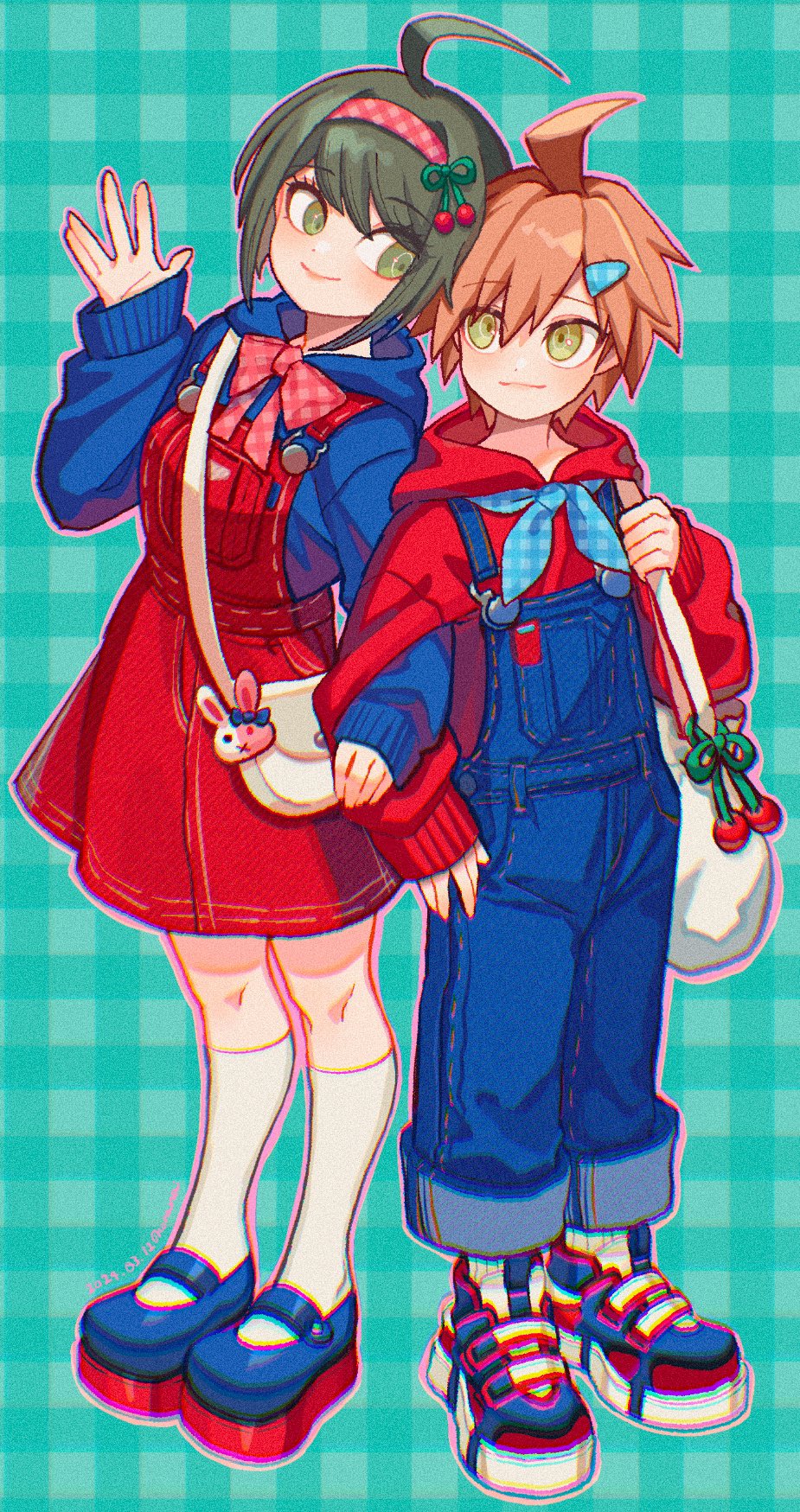 1boy 1girl ahoge alternate_costume bag blue_hoodie blue_overalls bow bowtie brother_and_sister brown_eyes brown_hair checkered_background danganronpa:_trigger_happy_havoc danganronpa_(series) dress full_body hair_ornament hairband hairclip highres hood hood_down hoodie kneehighs long_sleeves naegi_komaru naegi_makoto overalls red_bow red_bowtie red_dress red_hairband roza_(tanukiracoon427) shoes shoulder_bag siblings sleeves_past_wrists smile sneakers socks standing white_bag