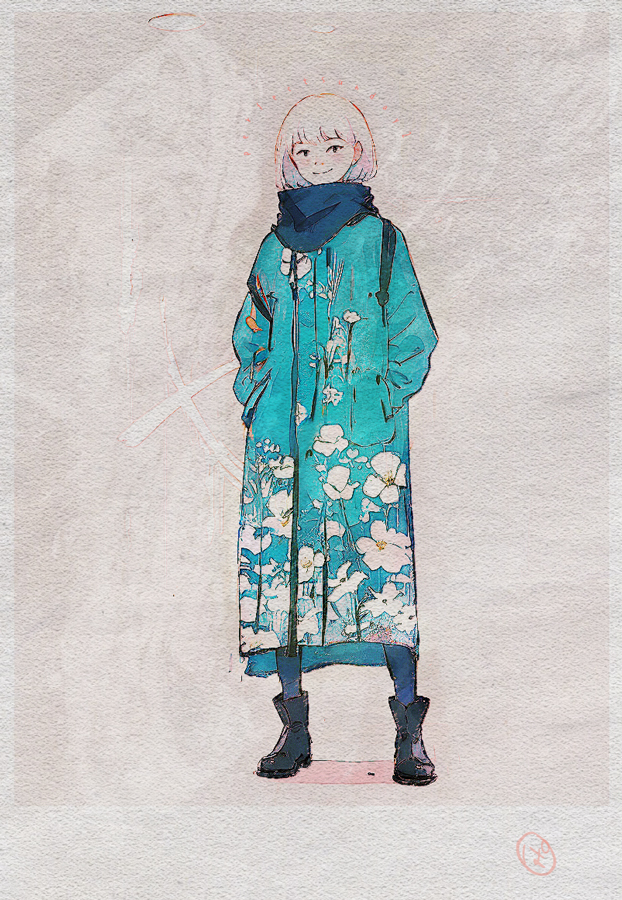 1girl black_footwear blue_coat blue_leggings blue_scarf bob_cut boots closed_mouth coat commentary faux_photograph floral_print flower full_body hands_in_pockets leggings looking_at_viewer original pansy pansy_print perfectsunday raincoat rubber_boots scarf short_hair smile smirk solo standing traditional_media white_hair white_pansy