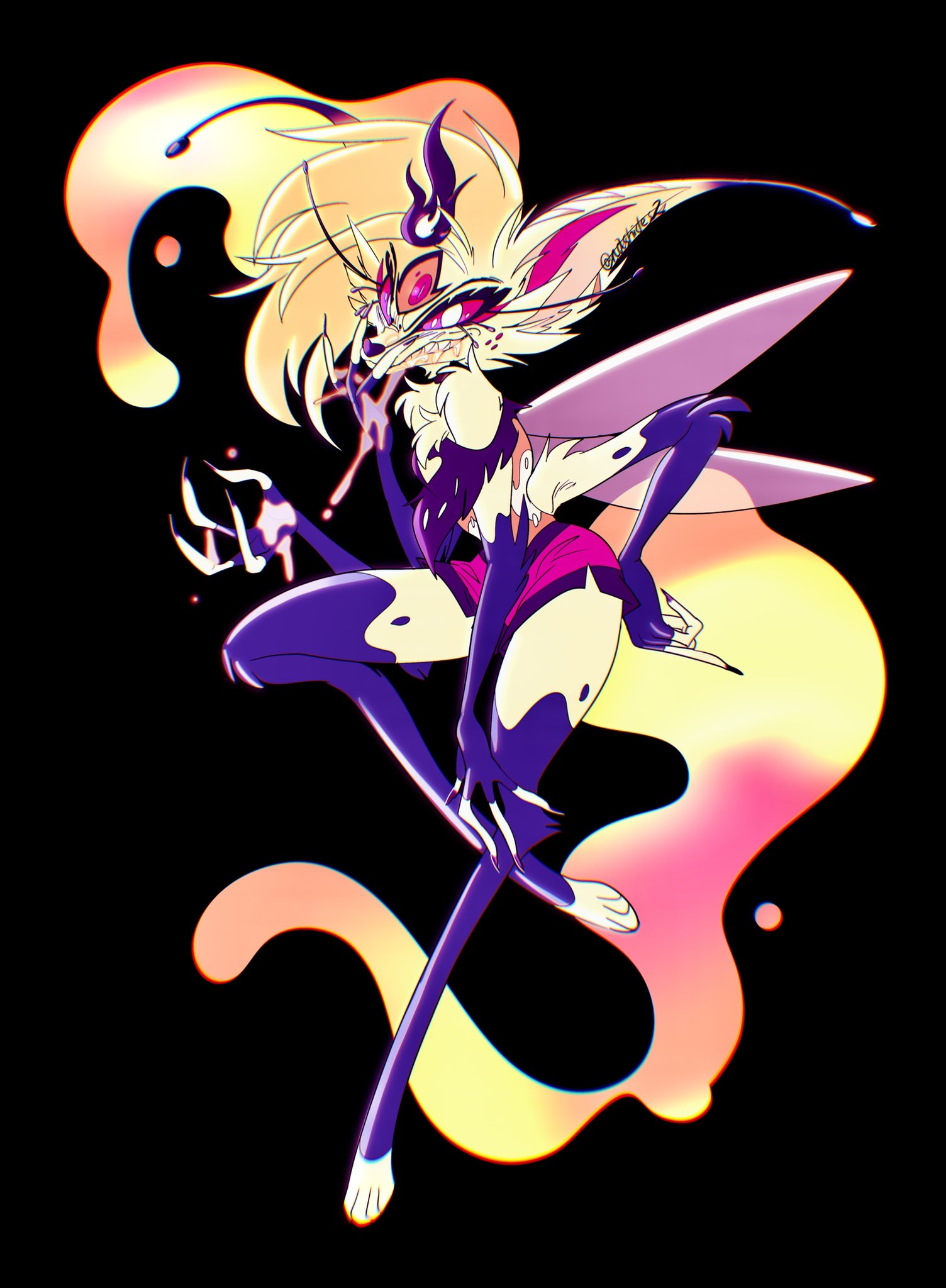 1girl asymmetrical_hair beelzebub_(helluva_boss) black_background black_choker black_fur black_nails blonde_hair body_markings breasts choker cleavage_cutout clothing_cutout colored_sclera crop_top crown demon demon_girl demon_wings evil_grin evil_smile extra_arms fingernails floating_hair fox_girl full_body furry furry_female grin hand_on_own_hip hands_on_own_leg helluva_boss highres honey knee_up long_eyelashes long_hair looking_at_viewer multicolored_fur multicolored_hair nail_polish nashides2 navel pink_sclera red_shorts sharp_fingernails shorts single_strap slit_pupils small_breasts smile solo third_eye two-tone_hair very_long_hair very_long_tail white_fur wings yellow_fur yellow_sclera