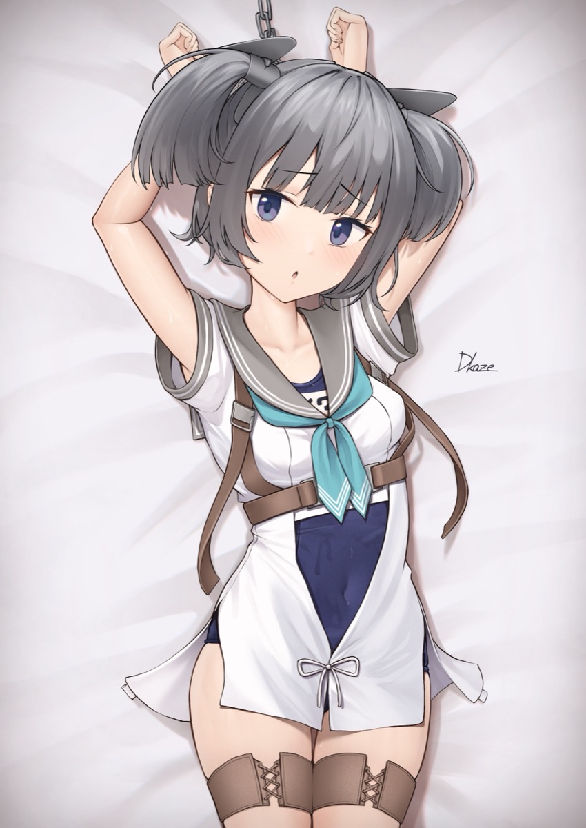 1girl aqua_neckerchief arms_behind_head blue_one-piece_swimsuit bound bound_wrists chain chest_harness covered_navel cowboy_shot driftkingtw grey_eyes grey_hair grey_sailor_collar harness headgear highres i-36_(kancolle) kantai_collection looking_at_viewer lying name_tag neckerchief one-piece_swimsuit restrained sailor_collar sailor_shirt school_swimsuit shirt short_hair solo swimsuit swimsuit_under_clothes twintails