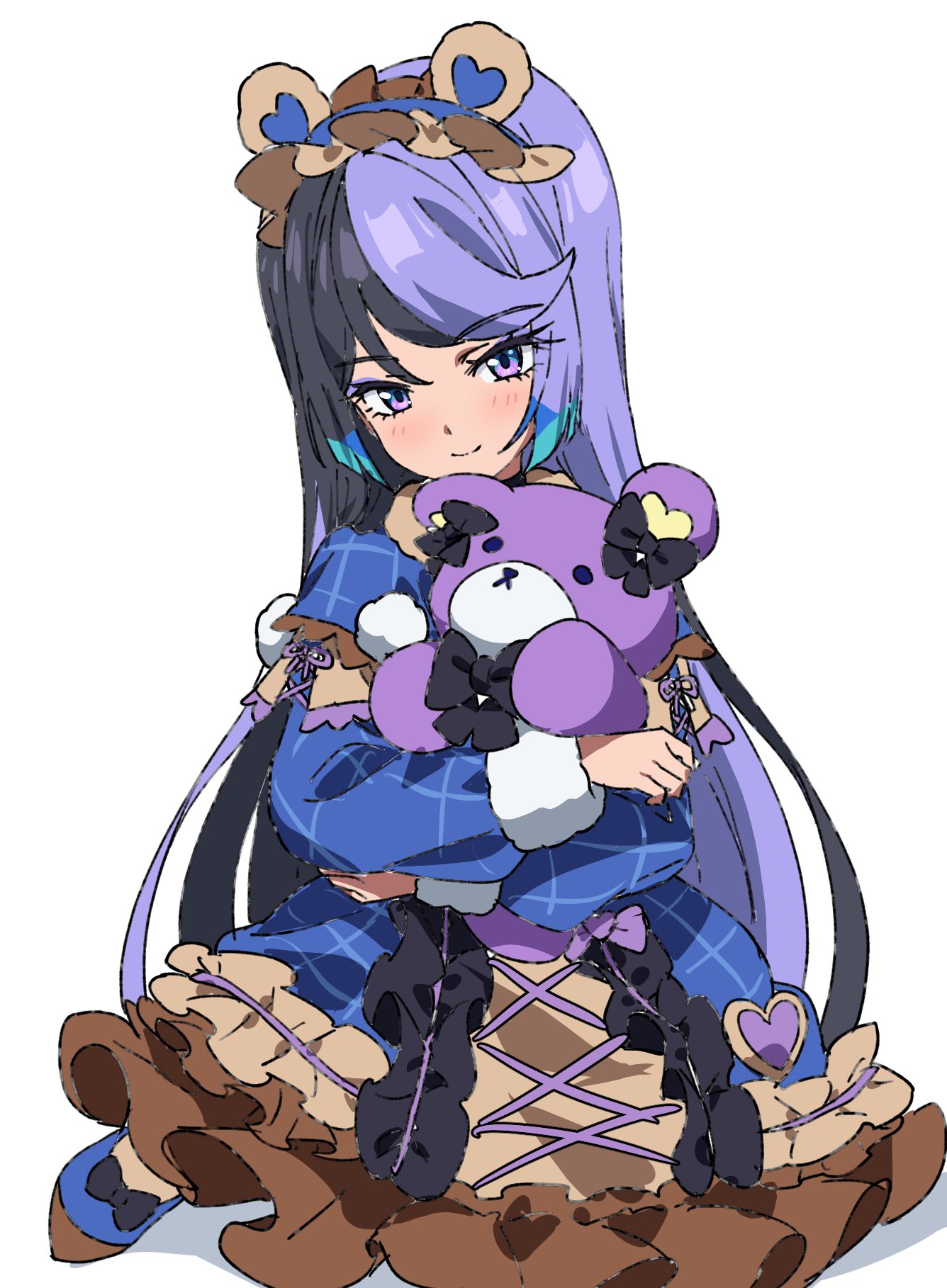 1girl bear_ear_hairband black_hair blue_dress blue_hair carron_(waccha_primagi!) closed_mouth commentary_request dolldolldd dress frilled_dress frills full_body highres holding holding_stuffed_toy korean_commentary long_hair long_sleeves looking_at_viewer multicolored_hair pretty_series purple_eyes purple_hair simple_background sitting smile solo stuffed_animal stuffed_toy teddy_bear very_long_hair waccha_primagi! white_background