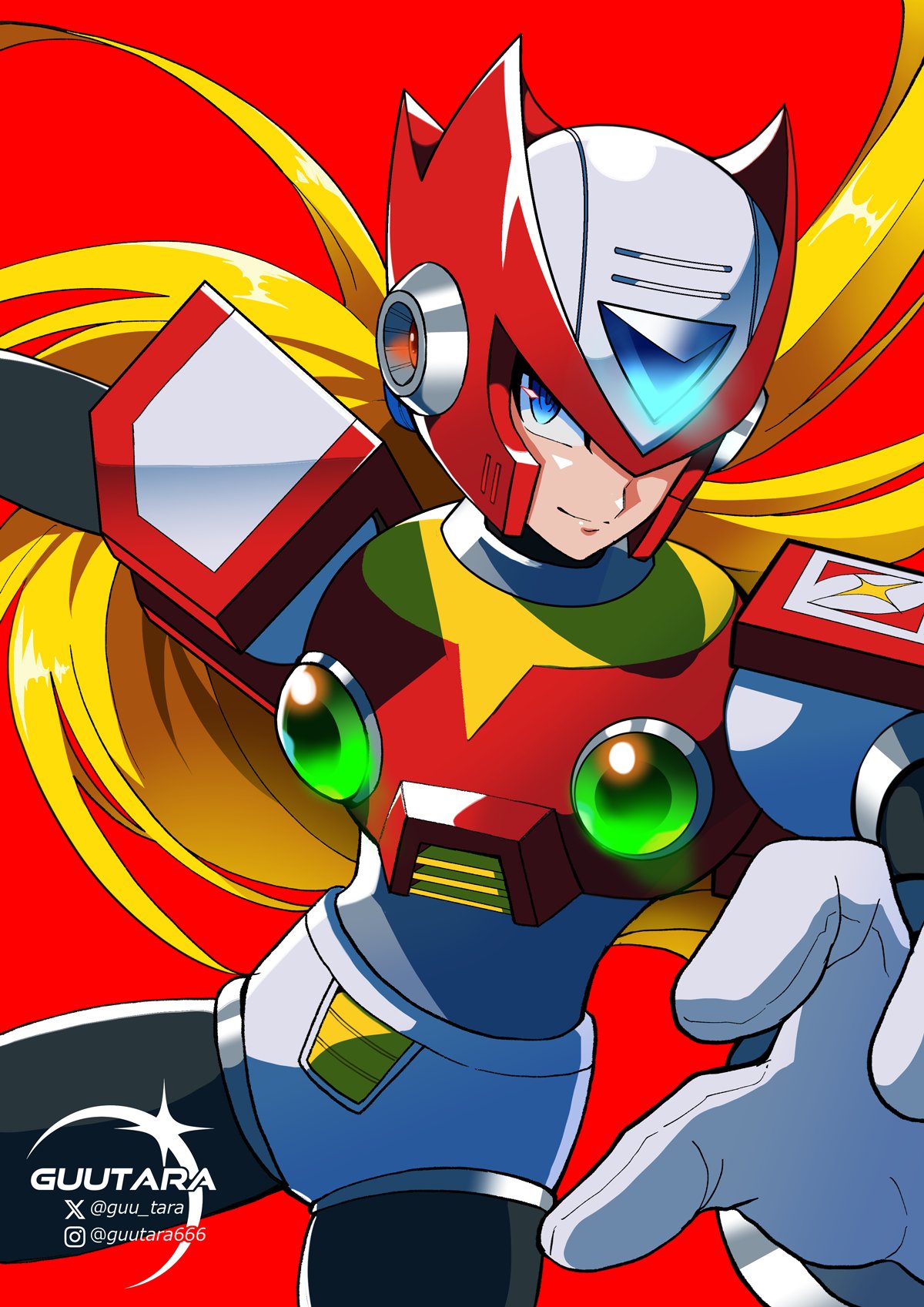 1boy android armor artist_logo artist_name blonde_hair blue_eyes chest_jewel cowboy_shot forehead_jewel guutara helmet highres instagram_username long_hair mega_man_(series) mega_man_x_(series) mixed-language_commentary one_eye_covered red_armor red_background red_headwear shoulder_armor smile solo twitter_username zero_(mega_man)
