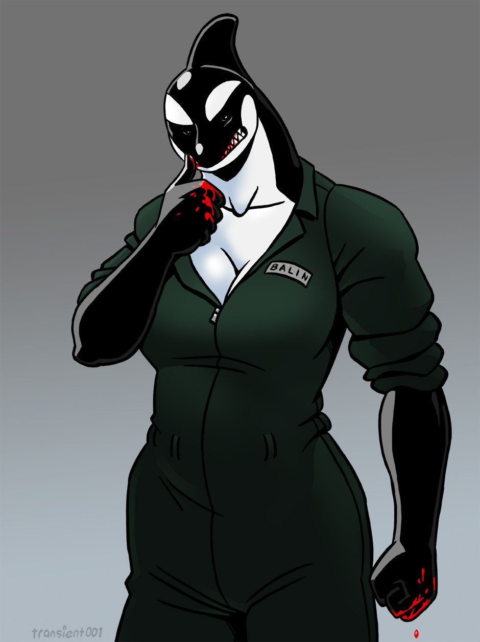 anthro big_breasts blood bodily_fluids breasts cetacean cleavage clothed clothing dc_comics dolphin female fist hi_res looking_at_viewer mammal marine oceanic_dolphin orca orca_(dc) prison_uniform solo thick_thighs toothed_whale transient001 wide_hips