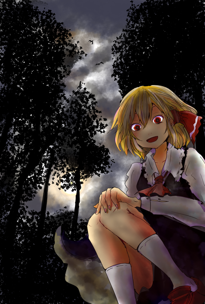 1girl ascot black_vest blonde_hair darkness forest hair_ribbon jpspjp nature open_mouth red_ascot red_eyes red_footwear ribbon rumia sitting skirt skirt_set sky socks solo touhou tree vest white_socks