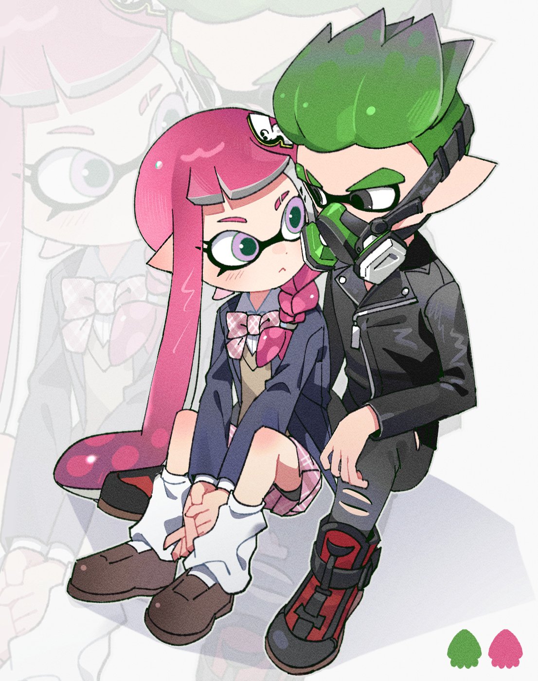 1boy 1girl black_jacket black_pants bow bowtie brown_footwear closed_mouth commentary_request eye_contact gas_mask green_hair grey_eyes hg_swdiary highres inkling inkling_boy inkling_girl inkling_player_character jacket korean_commentary leg_warmers long_hair looking_at_another mask pants pink_bow pink_bowtie pink_eyes pink_hair pointy_ears red_footwear shoes short_hair sitting splatoon_(series) splatoon_3 tentacle_hair thick_eyebrows torn_clothes torn_pants two-tone_footwear zoom_layer