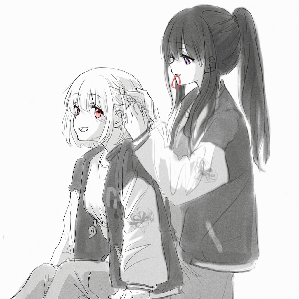 2girls bob_cut braid braiding_hair breasts commentary doodle943545 ears_visible_through_hair hair_tie hair_tie_in_mouth hairdressing hashtag_only_commentary inoue_takina jacket long_hair long_sleeves lycoris_recoil medium_breasts mouth_hold multiple_girls nishikigi_chisato open_clothes open_jacket open_mouth ponytail purple_eyes red_eyes shirt side_braid sidelocks simple_background sitting tied_shirt white_background