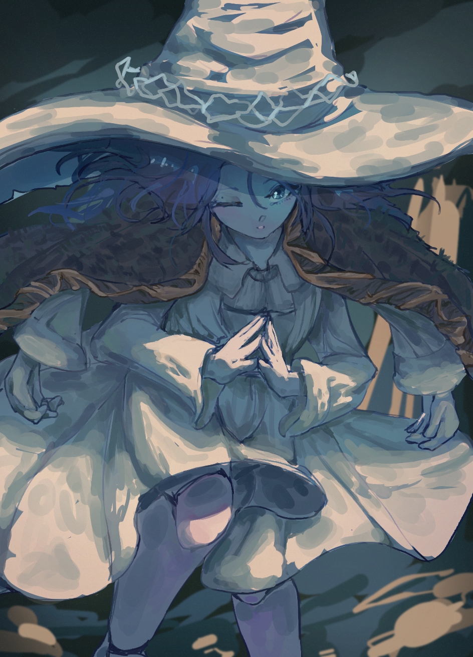 1girl black_cape blue_eyes blue_hair blue_skin cape colored_skin commentary doll_joints elden_ring extra_arms fur_cape hat highres joints one_eye_closed parted_lips ranni_the_witch robe snoeflaefk solo white_headwear white_robe witch_hat