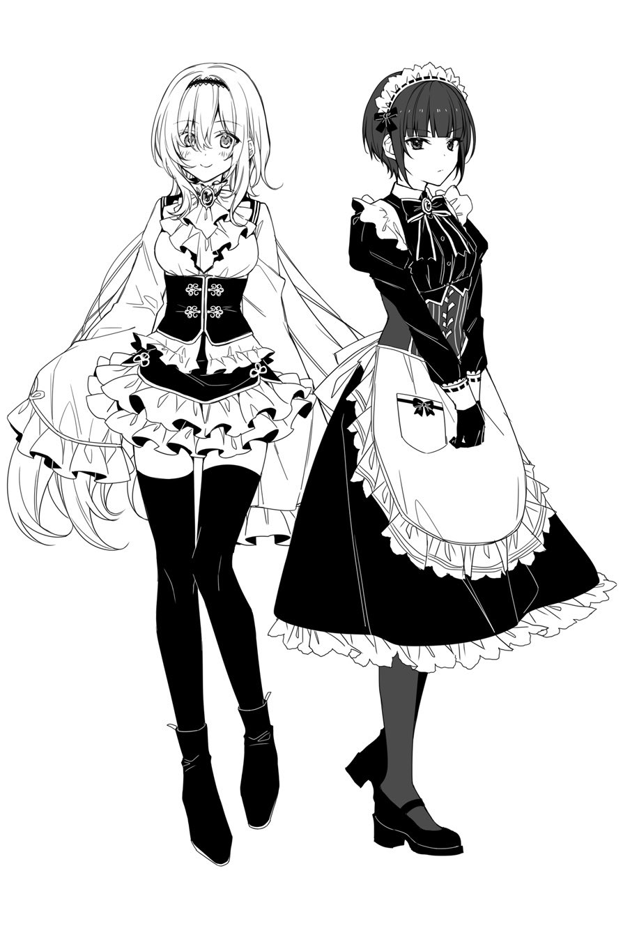 2girls apron blush breasts frilled_apron frills full_body gloves greyscale highres idolmaster idolmaster_cinderella_girls juliet_sleeves kurosaki_chitose layered_skirt long_hair long_sleeves looking_at_viewer maid maid_headdress medium_breasts monochrome multiple_girls pantyhose puffy_sleeves sgawarananto shirayuki_chiyo short_hair simple_background skirt sleeves_past_fingers sleeves_past_wrists smile thighhighs velvet_rose_(idolmaster) very_long_hair waist_apron white_background zettai_ryouiki