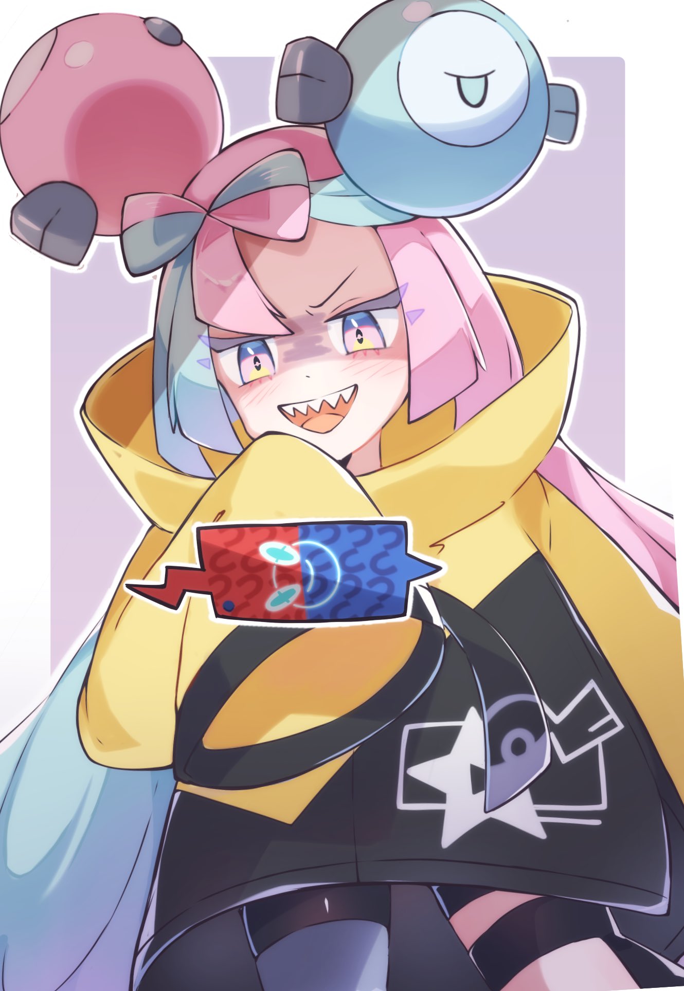 1girl blue_hair bow-shaped_hair character_hair_ornament facing_viewer grey_pantyhose hair_ornament highres iono_(pokemon) jacket long_hair long_sleeves looking_at_phone pantyhose phone pink_eyes pink_hair pokemon pokemon_sv rotom rotom_phone sarada_(supersarada_zin) sharp_teeth single_leg_pantyhose sleeves_past_fingers sleeves_past_wrists solo teeth thigh_strap upper_teeth_only very_long_hair yellow_jacket