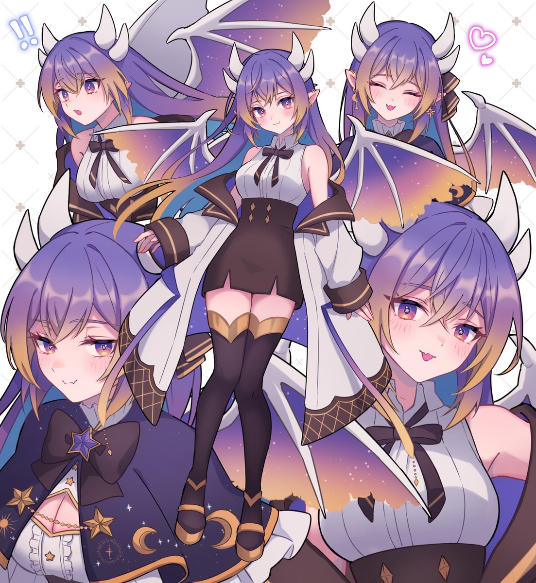 ! !! 1girl akariteru_(vtuber) black_bow black_bowtie black_capelet black_skirt black_thighhighs blue_hair blush bow bowtie breasts brooch capelet center_frills cleavage cleavage_cutout closed_eyes clothing_cutout coat collared_shirt colored_inner_hair crescent crescent_earrings dragon_horns dragon_wings earrings frills gold_footwear gradient_hair heart high-waist_skirt highres horns indie_virtual_youtuber jewelry large_breasts multicolored_hair multiple_horns off_shoulder orange_hair pointy_ears purple_eyes purple_hair second-party_source shirt skirt sleeveless sleeveless_shirt star-shaped_pupils star_(symbol) star_brooch star_earrings symbol-shaped_pupils thighhighs tsuyuri_eri virtual_youtuber white_coat white_shirt wings