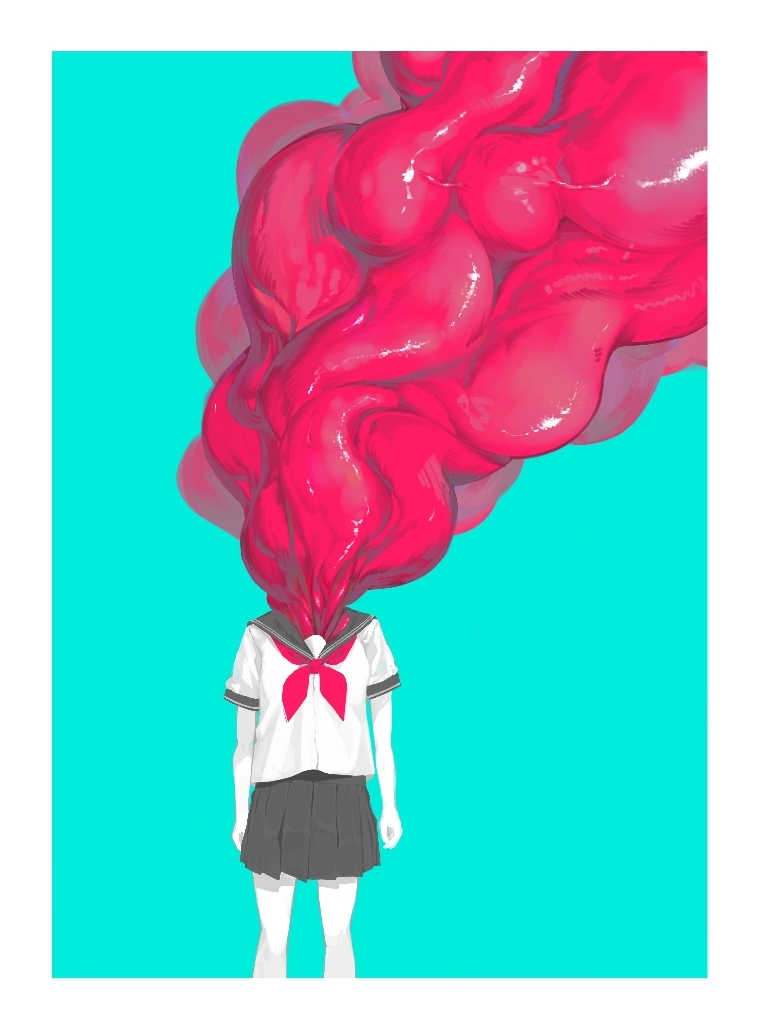 1girl aqua_background black_sailor_collar black_skirt body_horror border flesh neckerchief original red_neckerchief ryuuforkaf sailor_collar school_uniform serafuku shirt short_sleeves skirt solo surreal white_border white_shirt