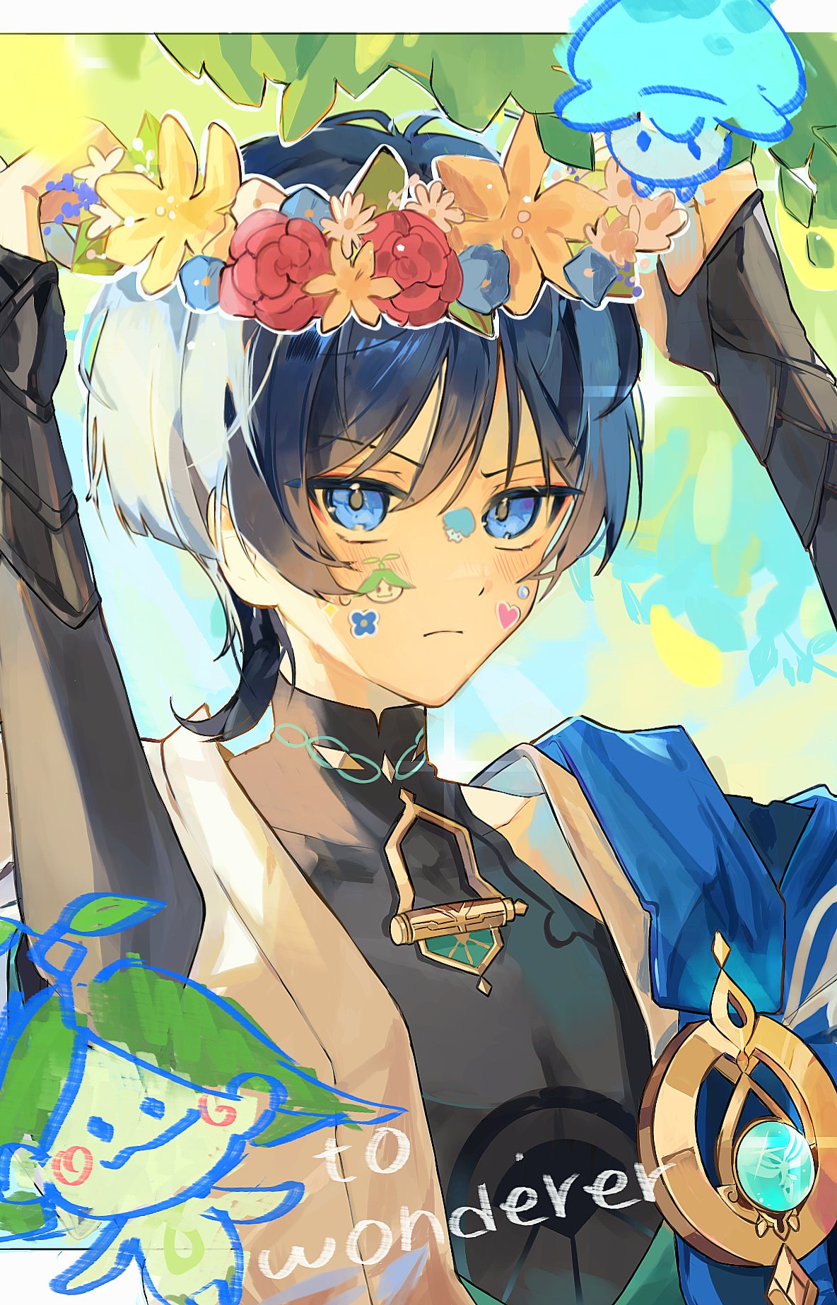 1boy aranara_(genshin_impact) arms_up black_gloves black_shirt blue_eyes blue_flower blue_gemstone blue_hair blue_sky blunt_ends blush border closed_mouth covered_collarbone dark_blue_hair day elbow_gloves english_text eyeshadow fingerless_gloves flower fungi_(genshin_impact) gem genshin_impact gloves gold_trim head_wreath highres jewelry leaf looking_at_viewer makeup male_focus mandarin_collar naengbi1008 open_clothes open_vest orange_flower outdoors outside_border pink_flower pink_rose pom_pom_(clothes) purple_flower red_eyeshadow red_flower red_rose rose scaramouche_(genshin_impact) shirt short_hair short_sleeves sky sleeveless sleeveless_shirt solo standing v-shaped_eyebrows vest vision_(genshin_impact) wanderer_(genshin_impact) white_border white_flower white_vest yellow_flower