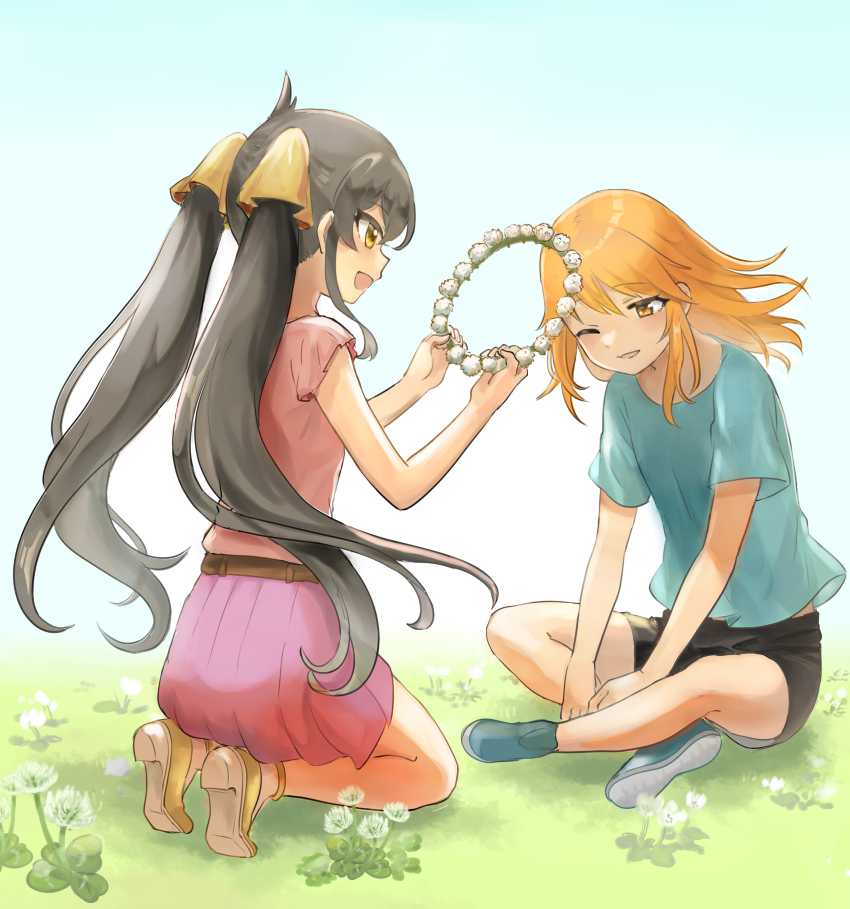 2girls ahoge alternate_eye_color am_(ajamuw) aqua_shirt beat_shooter_(idolmaster) belt black_hair black_shorts blue_footwear blue_sky brown_belt child commentary_request crossed_legs day dot_nose flower grass head_wreath holding holding_wreath idolmaster idolmaster_cinderella_girls kneeling light_blush light_smile long_hair looking_at_another matoba_risa midriff_peek multiple_girls on_grass open_mouth orange_eyes orange_hair outdoors pink_shirt pink_skirt ribbon shirt shoes short_sleeves shorts sidelocks sideways_mouth skirt sky smile straight_hair t-shirt twintails very_long_hair white_flower yellow_eyes yellow_footwear yellow_ribbon yuuki_haru