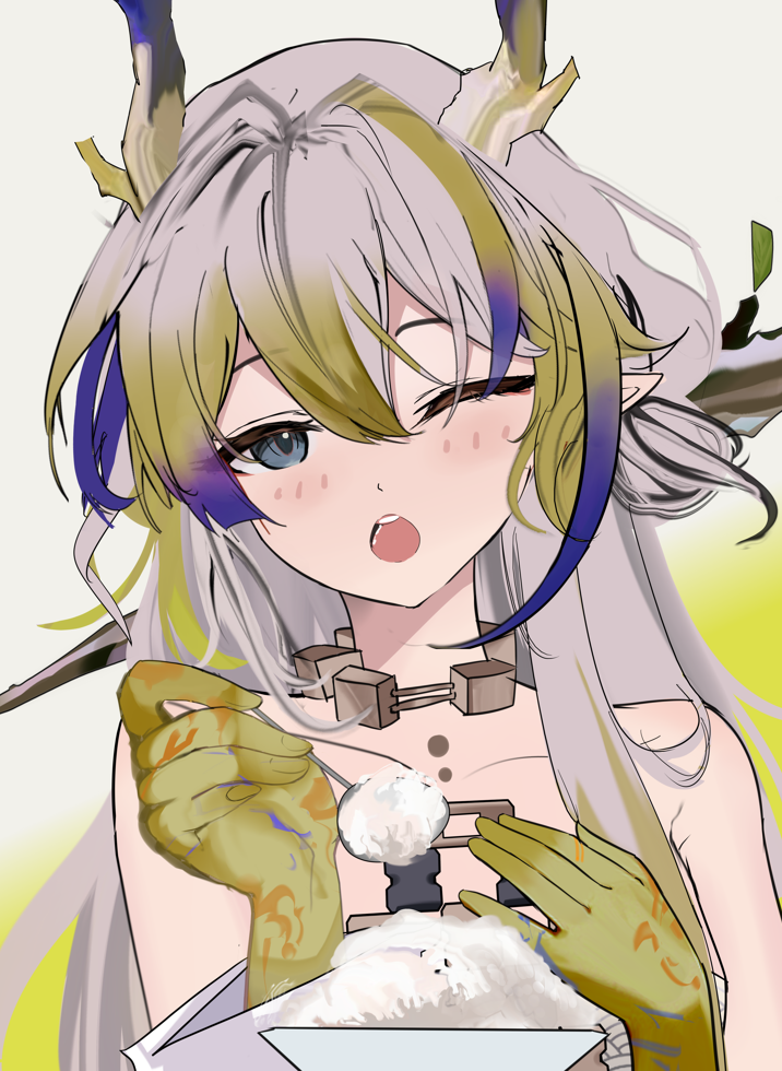 1girl ;o arknights bare_shoulders blonde_hair blue_eyes blush chinese_commentary close-up colored_skin commentary_request dragon_girl dragon_horns fingernails grey_hair grey_horns hair_between_eyes hand_on_own_chest hands_up holding holding_spoon horns incoming_food jewelry long_hair looking_at_viewer mikuning multicolored_hair necklace off_shoulder one_eye_closed open_mouth purple_hair rice shu_(arknights) sketch solo spoon unfinished upper_body yellow_horns