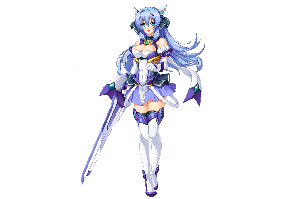 1girl aqua_eyes armlet bare_shoulders blue_dress blue_gemstone blue_hair blue_skirt breasts cleavage cleavage_cutout clothing_cutout dress elbow_gloves exs-tia flower_knight_girl gem gloves hair_intake headgear holding holding_sword holding_weapon katsuragi_marina kouyoku_senki_exs-tia large_breasts long_hair magical_girl open_mouth pleated_skirt simple_background skirt smile solo standing straight_hair sword tachi-e weapon white_background white_footwear white_gloves zettai_ryouiki