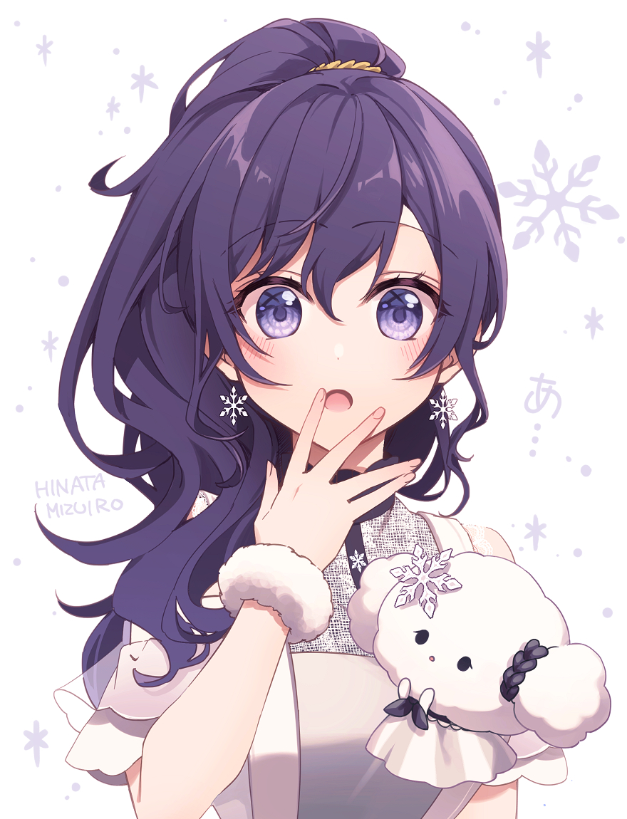1girl :o asahina_mafuyu blush cogimyun commentary_request covering_own_mouth dress earrings fur_cuffs hinata_mizuiro jewelry looking_at_viewer ponytail project_sekai purple_eyes purple_hair sanrio short_sleeves snowflake_earrings snowflakes solo sparkle surprised upper_body white_background white_dress