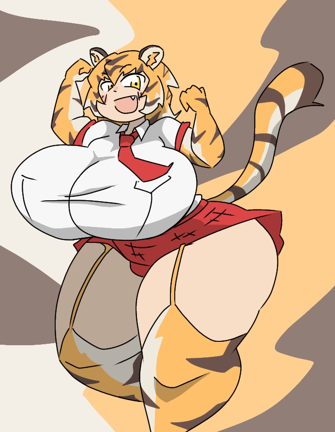 :d animal_humanoid bengal_tiger_(kemono_friends) big_breasts black_hair bottomwear breasts clothed clothing curvy_female curvy_figure dipstick_tail fangs felid felid_humanoid female garter_straps gloves hair handwear huge_breasts humanoid kemono_friends legwear mammal mammal_humanoid markings multicolored_hair necktie orange_hair pantherine pantherine_humanoid shovocklle skirt smile solo striped_hair tail tail_markings teeth thick_thighs thigh_highs tiger_humanoid white_hair wide_hips yellow_eyes