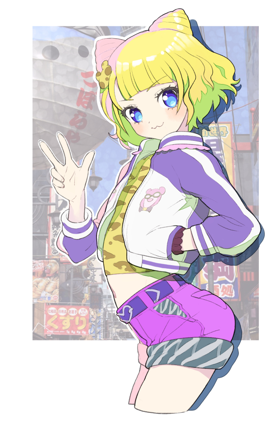 1girl :3 animal_print belt blonde_hair blue_eyes blunt_bangs closed_mouth commentary_request cone_hair_bun cowboy_shot cropped_jacket cropped_legs double_bun from_side hair_bun hand_in_pocket hand_up jacket long_sleeves looking_at_viewer midriff minami_mirei moudoku_(decopon3rd) open_clothes open_jacket photo_background pink_shorts pretty_series pripara purple_belt shirt short_hair shorts smile solo standing w yellow_shirt