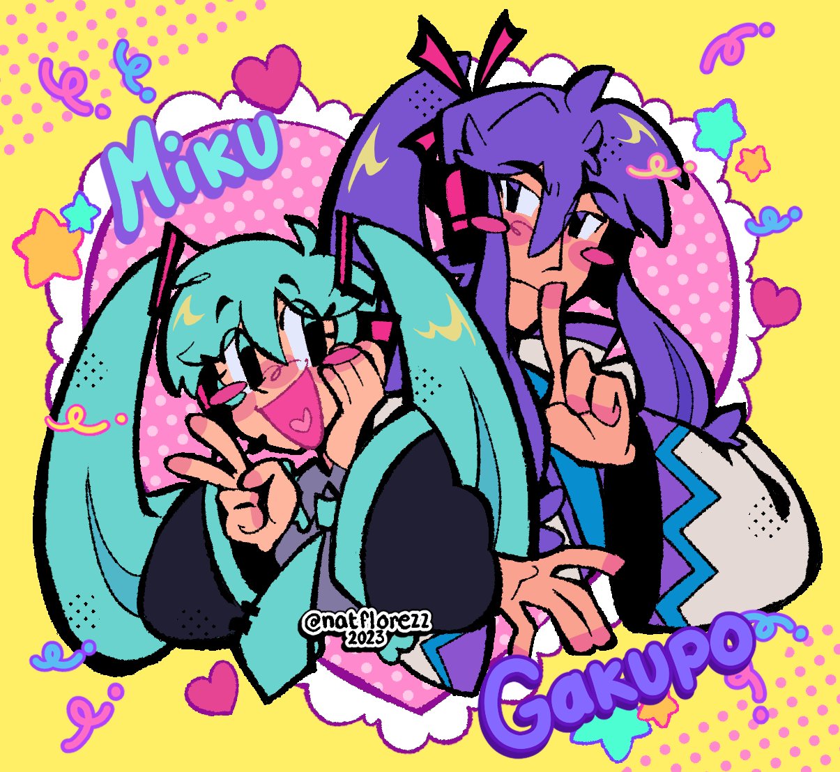 1boy 1girl ahoge aqua_eyes aqua_hair aqua_necktie aqua_trim black_sleeves blush_stickers character_name coat collared_coat collared_shirt dated english_commentary finger_to_mouth grey_shirt hair_ribbon hand_on_own_cheek hand_on_own_face hatsune_miku headset heart heart_in_mouth japanese_clothes kamui_gakupo long_hair low-tied_sidelocks natflorezz necktie open_mouth polka_dot ponytail purple_eyes purple_hair purple_trim ribbon shirt smile twintails twitter_username v vocaloid white_coat wide_sleeves yellow_background