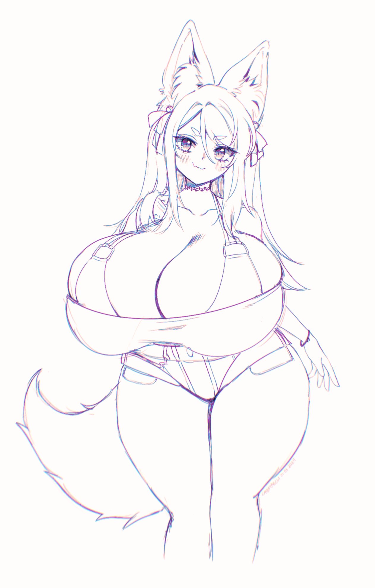 animal_humanoid big_breasts blush blush_lines bra breasts cakecatboy canid canid_humanoid canine canine_humanoid cinnamon_(cakecatboy) cleavage clothed clothing female fox_humanoid hair hi_res huge_breasts humanoid looking_at_viewer mammal mammal_humanoid monochrome simple_background sketch smile solo standing tail thick_thighs underwear wide_hips