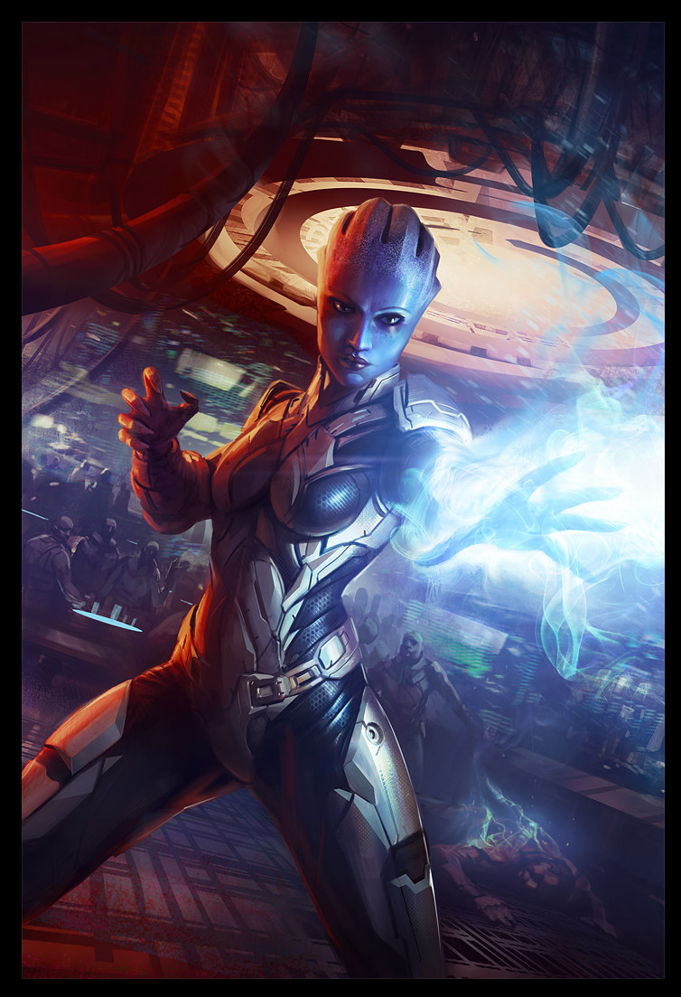 1girl alien asari_(mass_effect) aura bald bar_(place) black_bodysuit black_border black_gloves blue_skin bodysuit border breasts cable colored_skin comic_cover cover_image crowd daryl_mandryk freckles gloves indoors liara_t'soni looking_at_viewer mass_effect_(series) medium_breasts official_art open_hand running solo tentacle_hair v-shaped_eyebrows