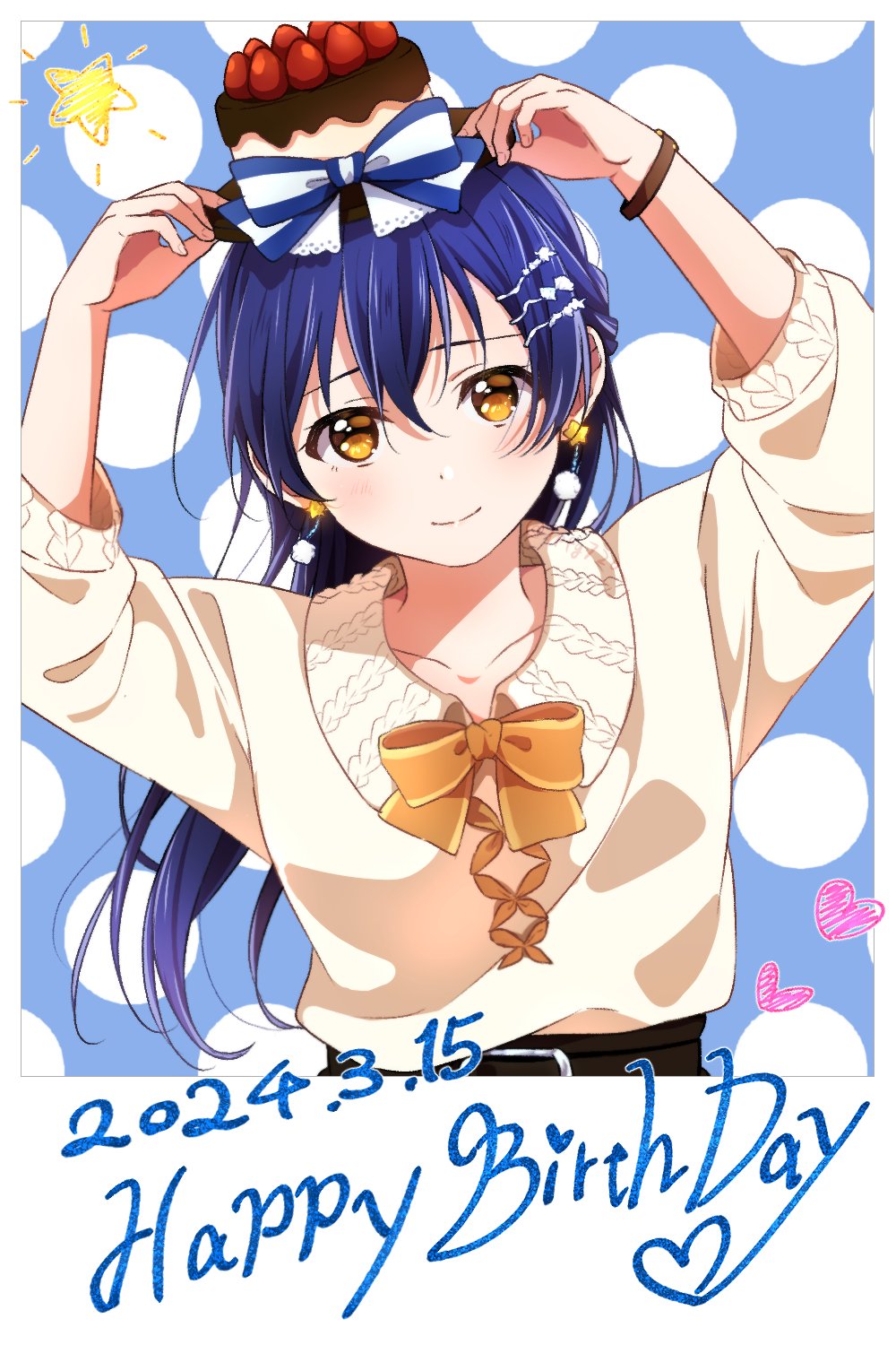 1girl blue_hair bow cake_hat closed_mouth collarbone commentary_request dated earrings hair_between_eyes happy_birthday hat hat_bow heart highres jewelry long_hair long_sleeves looking_at_viewer love_live! love_live!_school_idol_project oda_(101511a) sidelocks solo sonoda_umi star_(symbol) sweater upper_body watch white_sweater wristwatch yellow_eyes