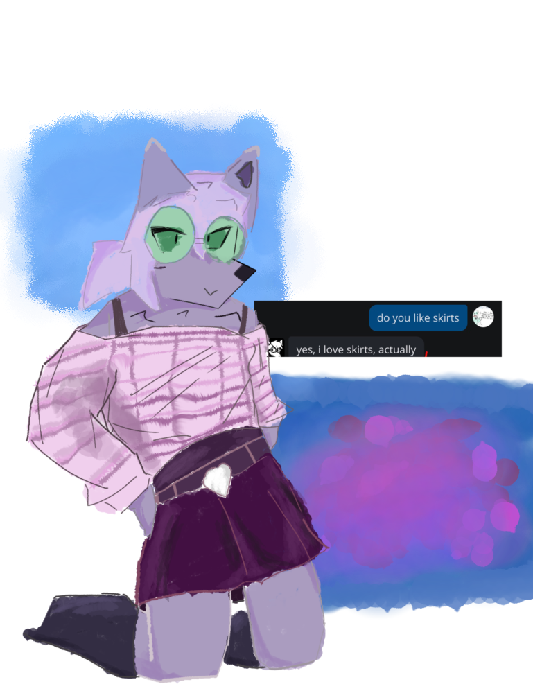 ambiguous_gender anthro bottomwear canid canine chujin_(undertale_yellow) clothing eyewear fox fur glasses green_eyes humanoid irony male mammal purple_body purple_fur sillylar skirt solo undertale undertale_(series) undertale_yellow